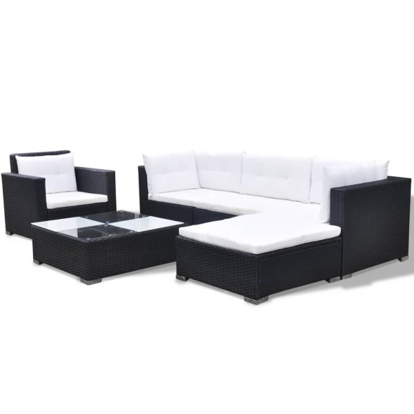 Set muebles de jardín 6 piezas y cojines ratán sintético negro