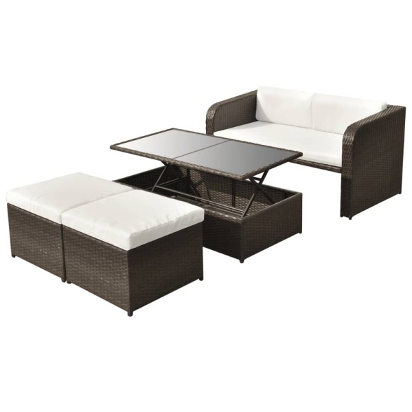 Set muebles de jardín 4 piezas y cojines ratán sintético marrón