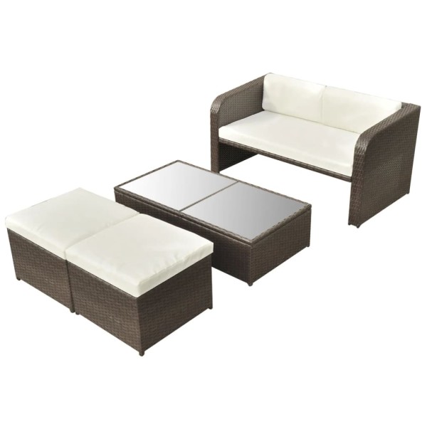 Set muebles de jardín 4 piezas y cojines ratán sintético marrón