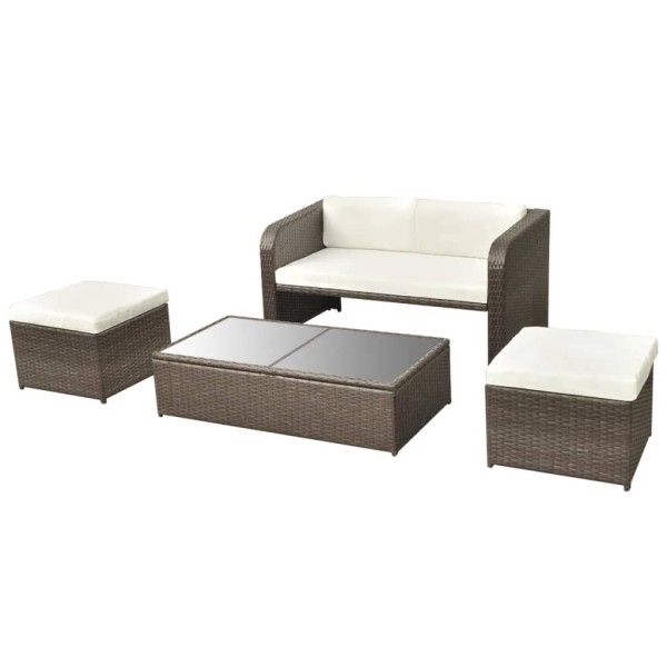 Set muebles de jardín 4 piezas y cojines ratán sintético marrón