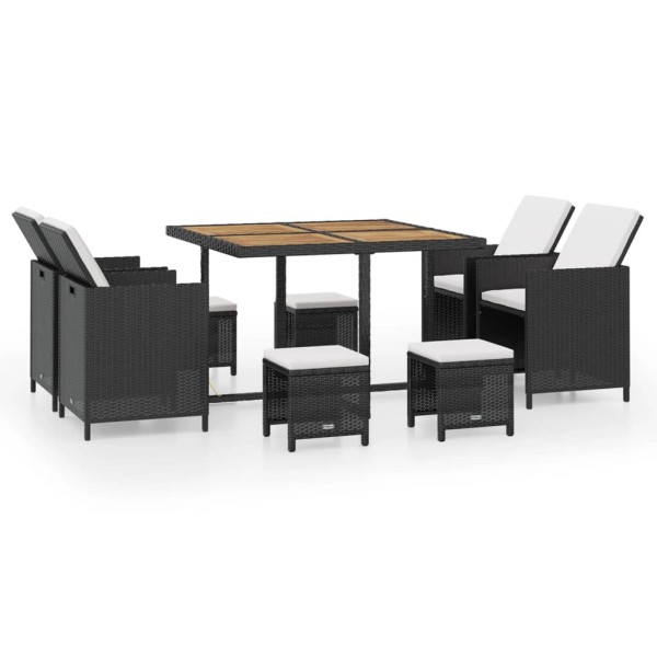 Set comedor de jardín 9 pzas ratán sintético y madera negro