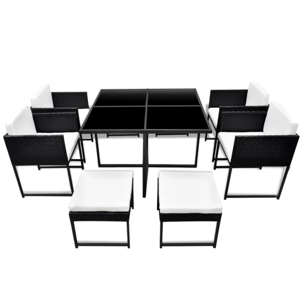 Set comedor de jardín 9 piezas y cojines ratán sintético negro