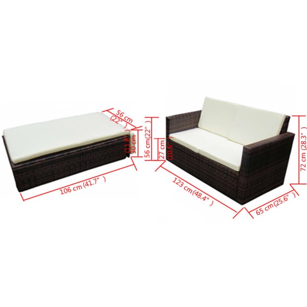 Set muebles de jardín 2 piezas y cojines ratán sintético marrón