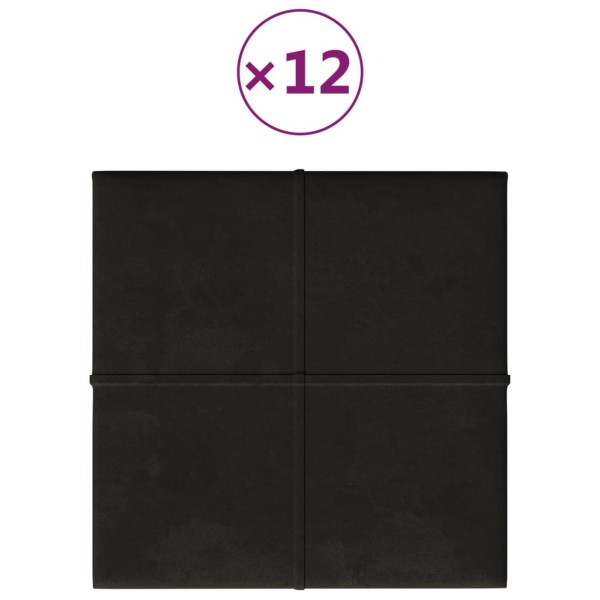 Paneles de pared 12 uds terciopelo negro 30x30 cm 1,08 m²