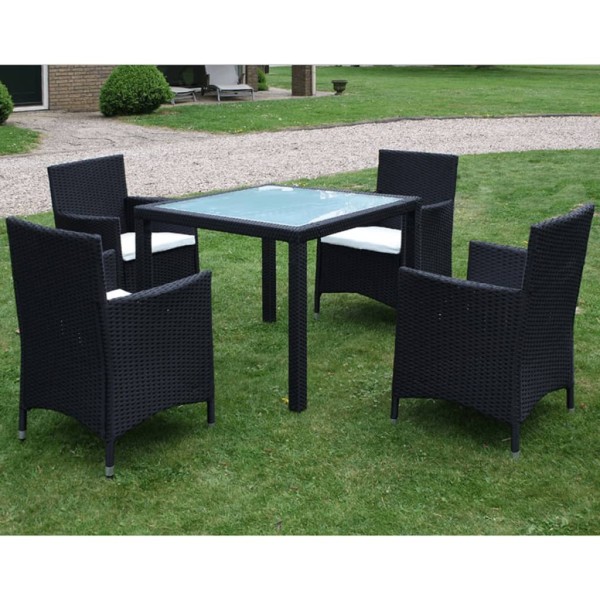 Set comedor de jardín 5 piezas y cojines ratán sintético negro