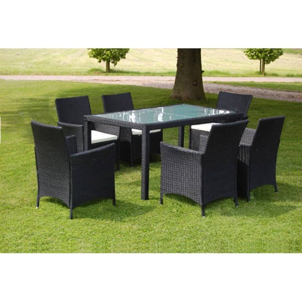 Set comedor de jardín 7 piezas y cojines ratán sintético negro