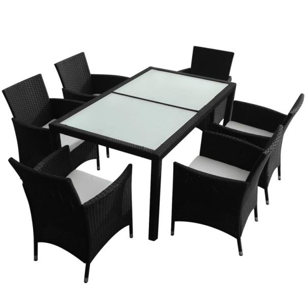 Set comedor de jardín 7 piezas y cojines ratán sintético negro