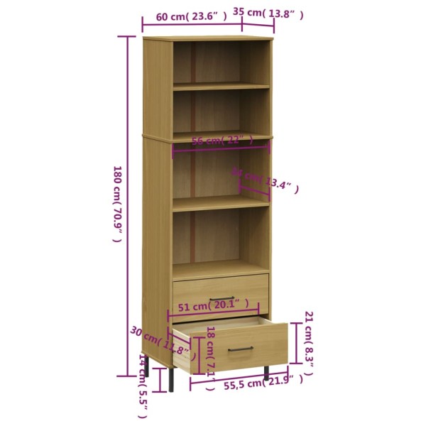 Librería con 2 cajones OSLO madera maciza marrón 60x35x180 cm