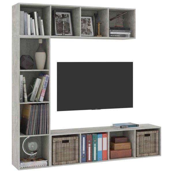 Mueble de TV y librería 3 piezas gris hormigón 180x30x180 cm