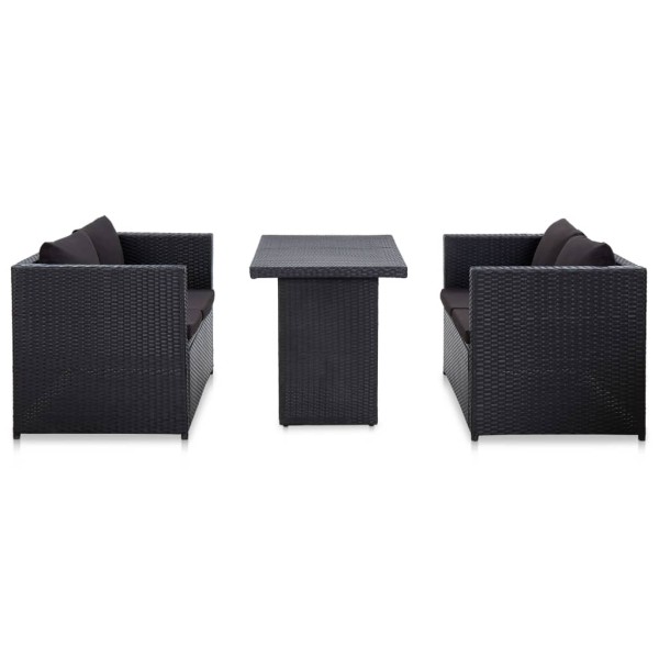 Set de muebles de jardín 3 pzas y cojines ratán sintético negro