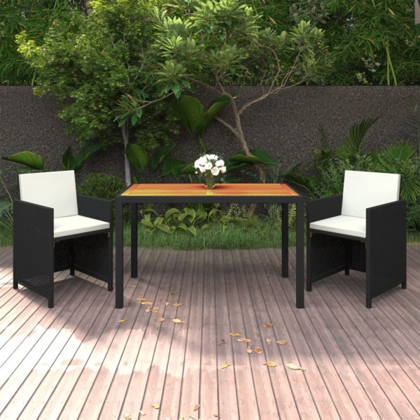 Set de comedor de jardín 3 pzas y cojines ratán sintético negro