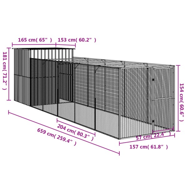 Caseta perros con corral acero galvanizado gris 165x659x181 cm