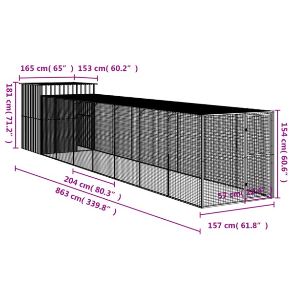 Gallinero con corral acero galvanizado gris claro 165x863x181cm