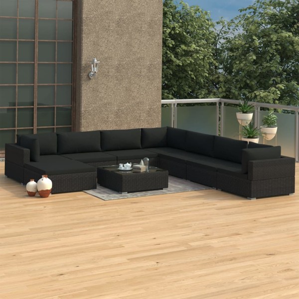 Set de muebles de jardín 9 pzas y cojines ratán sintético negro