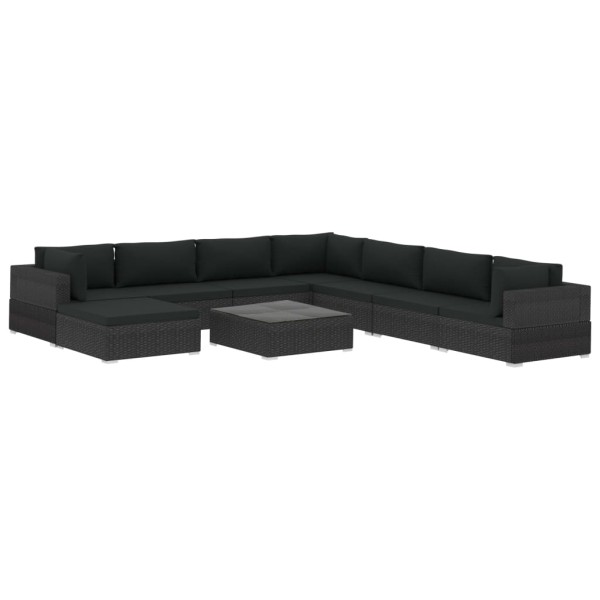 Set de muebles de jardín 9 pzas y cojines ratán sintético negro