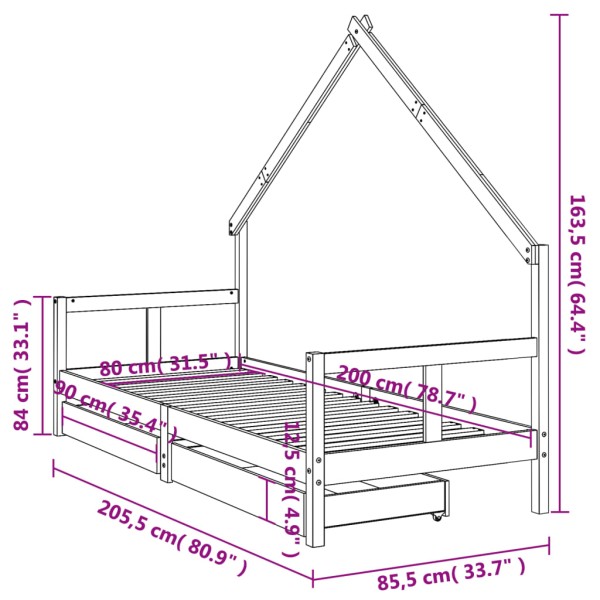 Estructura cama niños con cajones madera pino blanco 80x200 cm