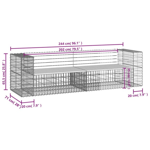 Banco jardín diseño gaviones madera maciza pino 244x71x65,5 cm