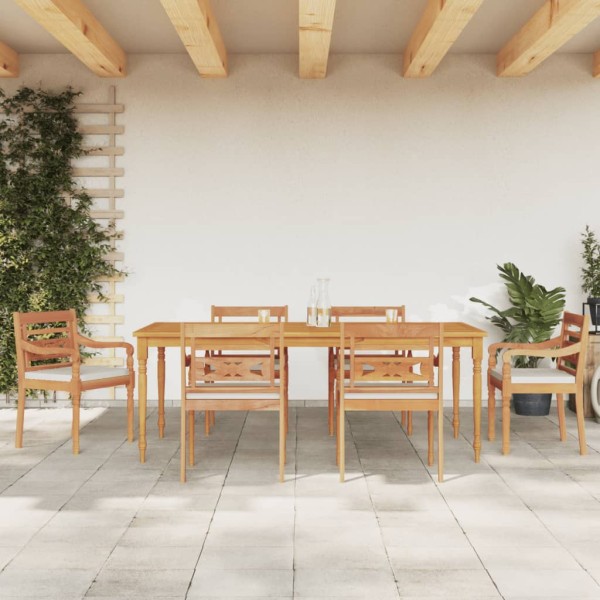 Juego comedor de jardín 7 pzas con cojines blancos madera teca