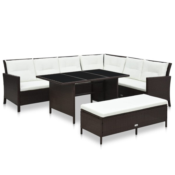 Set muebles de jardín 3 pzas y cojines ratán sintético marrón