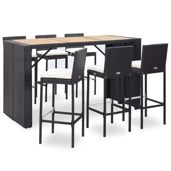 Set muebles bar jardín 7 piezas y cojines ratán sintético negro