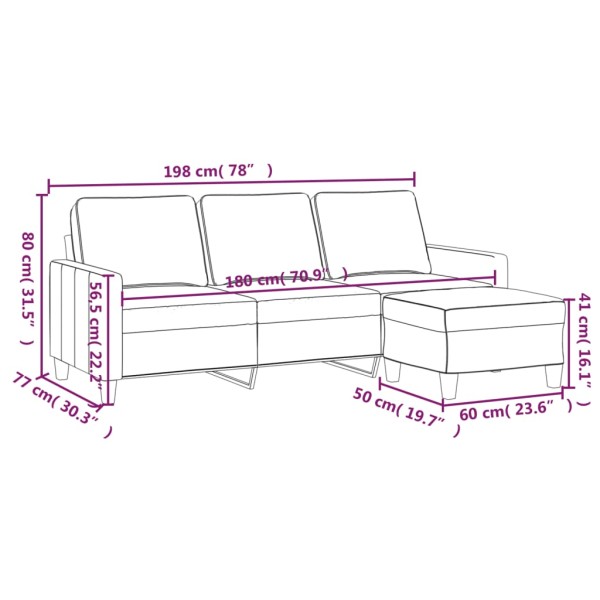 Sofá de 3 plazas con taburete de tela gris claro 180 cm