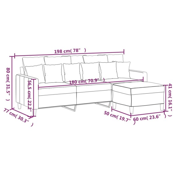 Sofá de 3 plazas con taburete de terciopelo gris claro 180 cm