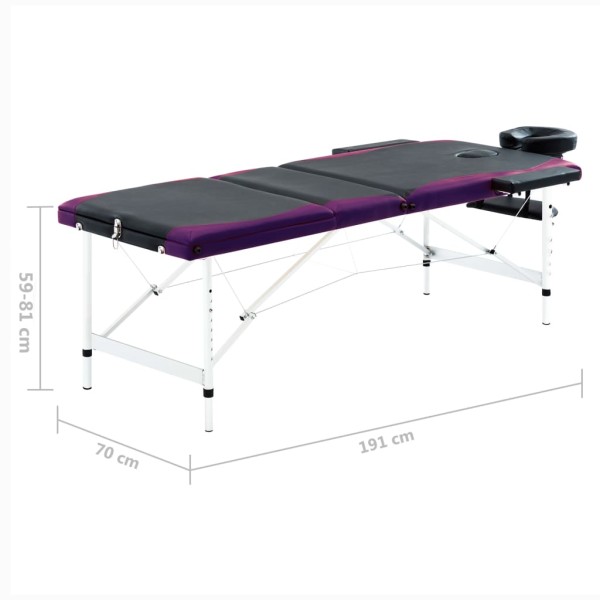 Camilla de masaje plegable 3 zonas aluminio negro y morado