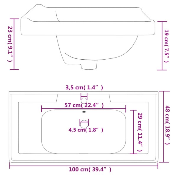 Lavabo de baño rectangular cerámica blanco 100x48x23 cm