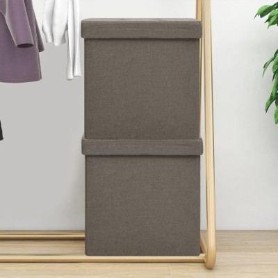 Taburete de almacenaje plegable 2 uds lino sintético gris taupe