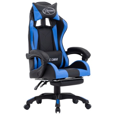 Silla gaming con reposapiés cuero sintético azul y negro