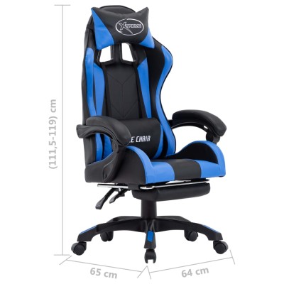 Silla gaming con reposapiés cuero sintético azul y negro