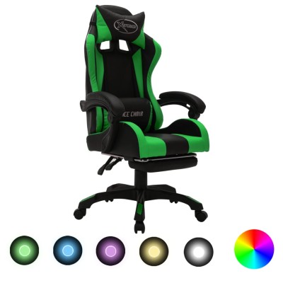 Silla gaming con luces LED RGB cuero sintético verde y negro