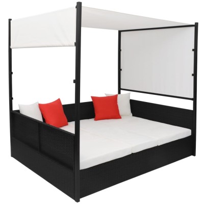 Cama de jardín con toldo ratán sintético negro 190x130 cm