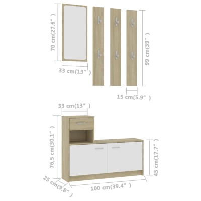 Mueble de entrada contrachapada blanco y roble 100x25x76,5 cm