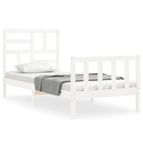 Estructura de cama individual con cabecero madera maciza blanco