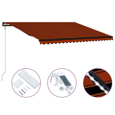 Toldo retráctil sensor de viento y LED naranja marrón 500x300cm