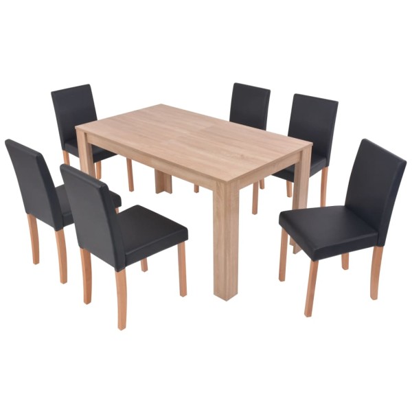 Conjunto de comedor 7 piezas de roble y cuero artificial negro