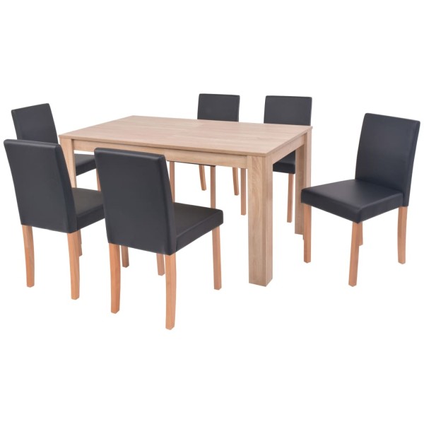 Conjunto de comedor 7 piezas de roble y cuero artificial negro