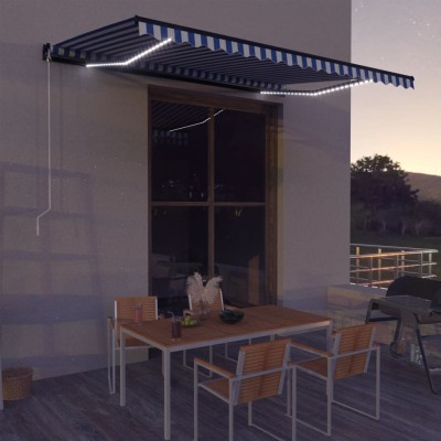 Toldo retráctil manual con luz LED azul y blanco 500x300 cm