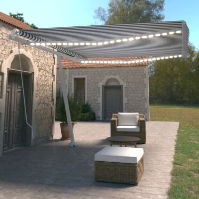 Toldo manual retráctil con luz LED azul y blanco 450x350 cm