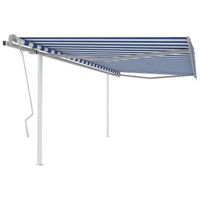 Toldo manual retráctil con postes azul y blanco 4,5x3,5 m