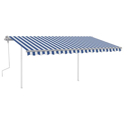 Toldo manual retráctil con postes azul y blanco 4,5x3,5 m