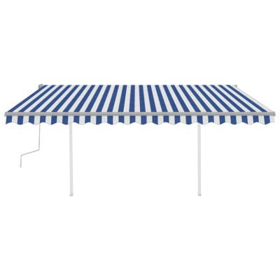 Toldo manual retráctil con postes azul y blanco 4,5x3,5 m