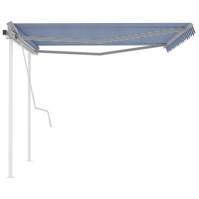 Toldo manual retráctil con postes azul y blanco 4,5x3,5 m