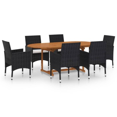 Set de comedor de jardín de 7 piezas negro ratán sintético