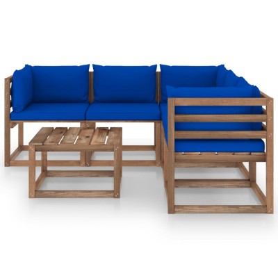 Set de muebles de jardín 6 pzs madera impregnada cojines azules