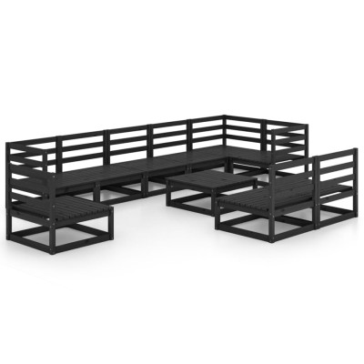 Juego de muebles de jardín 10 pzas negro madera maciza de pino