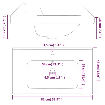 Lavabo de baño rectangular cerámica blanco 81x48x19,5 cm