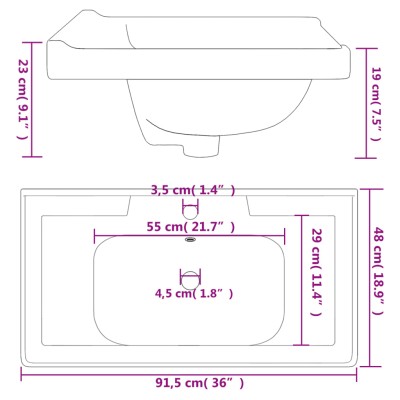 Lavabo de baño rectangular cerámica blanco 91,5x48x23 cm