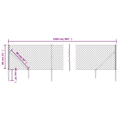 Cerca de alambre con pinchos de anclaje plateado 0,8x25 m